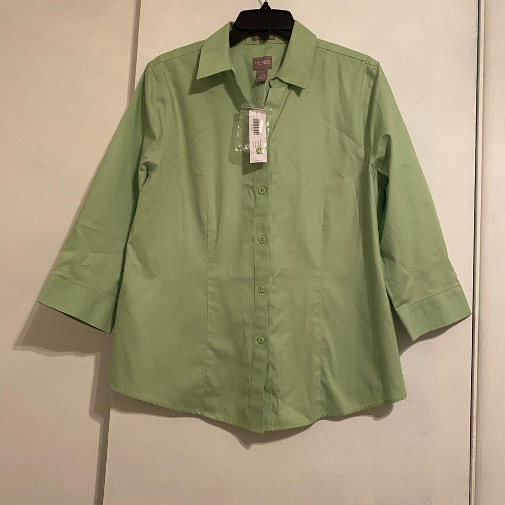 Chico's Women’s (1) Apple Green Classic Everyday Collared 3/4 Sleeve Shirt,